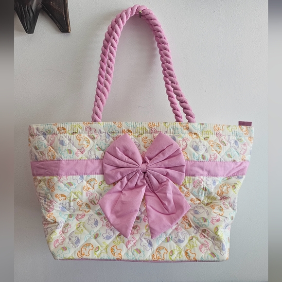 NaRaYa quilted bow elephant print pink rope handle baby bag tote, mother diaper - Picture 1 of 6